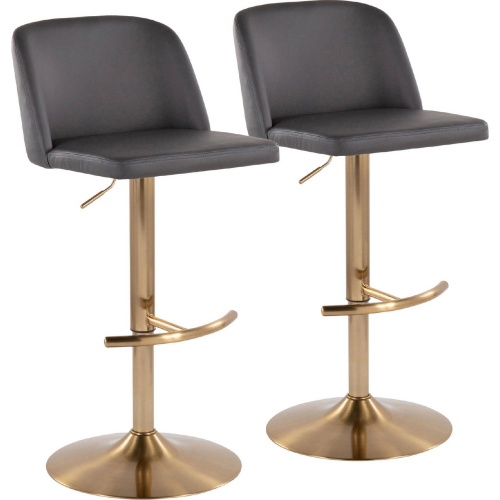 Toriano Adjustable Swivel Bar Stool in Grey Leatherette & Gold (Set of 2)